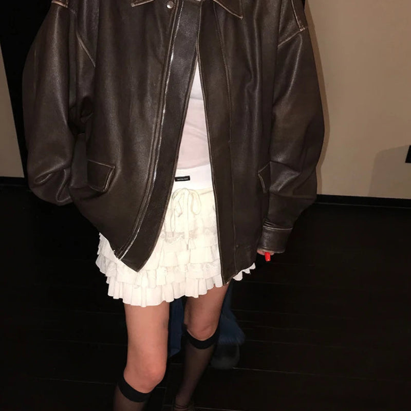 Retro Y2K Oversized Distressed Brown Faux Leather Jacket