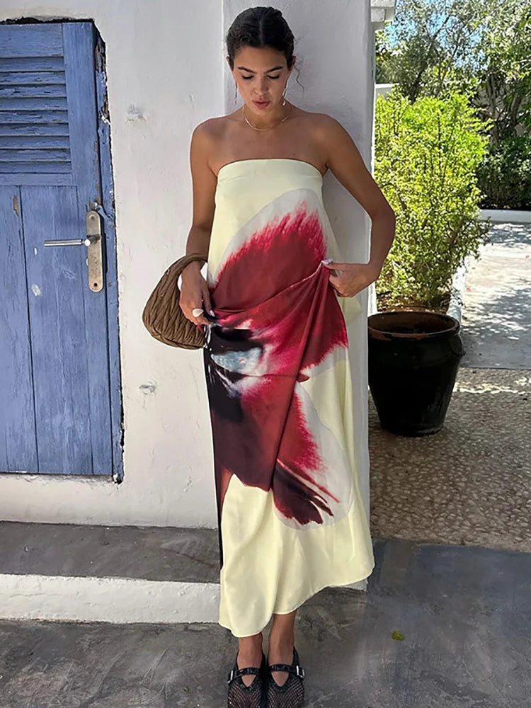 Sexy Strapless Floral Print Maxi Summer Dress