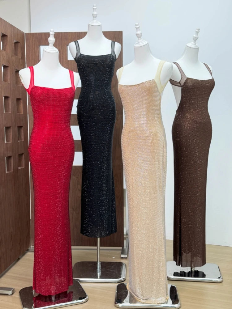 Sexy Y2K Square Collar Mesh Rhinestone Diamond Backless Maxi Dress