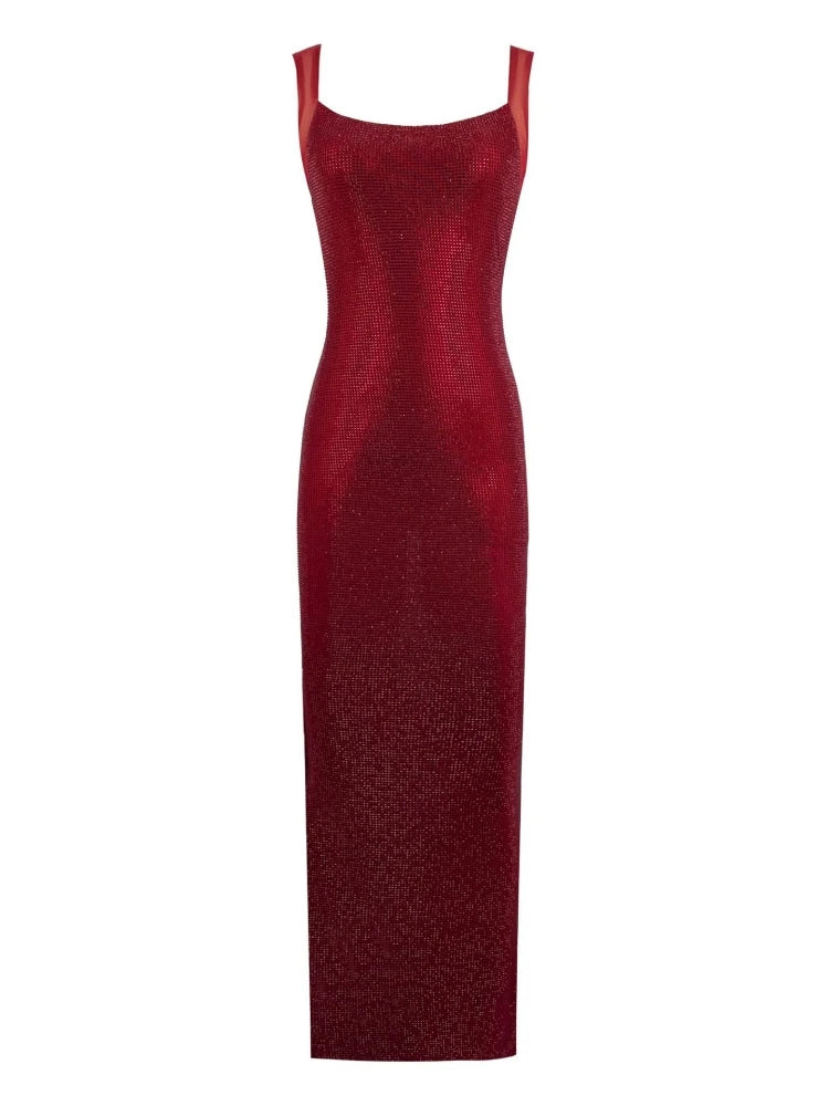 Sexy Y2K Square Collar Mesh Rhinestone Diamond Backless Maxi Dress