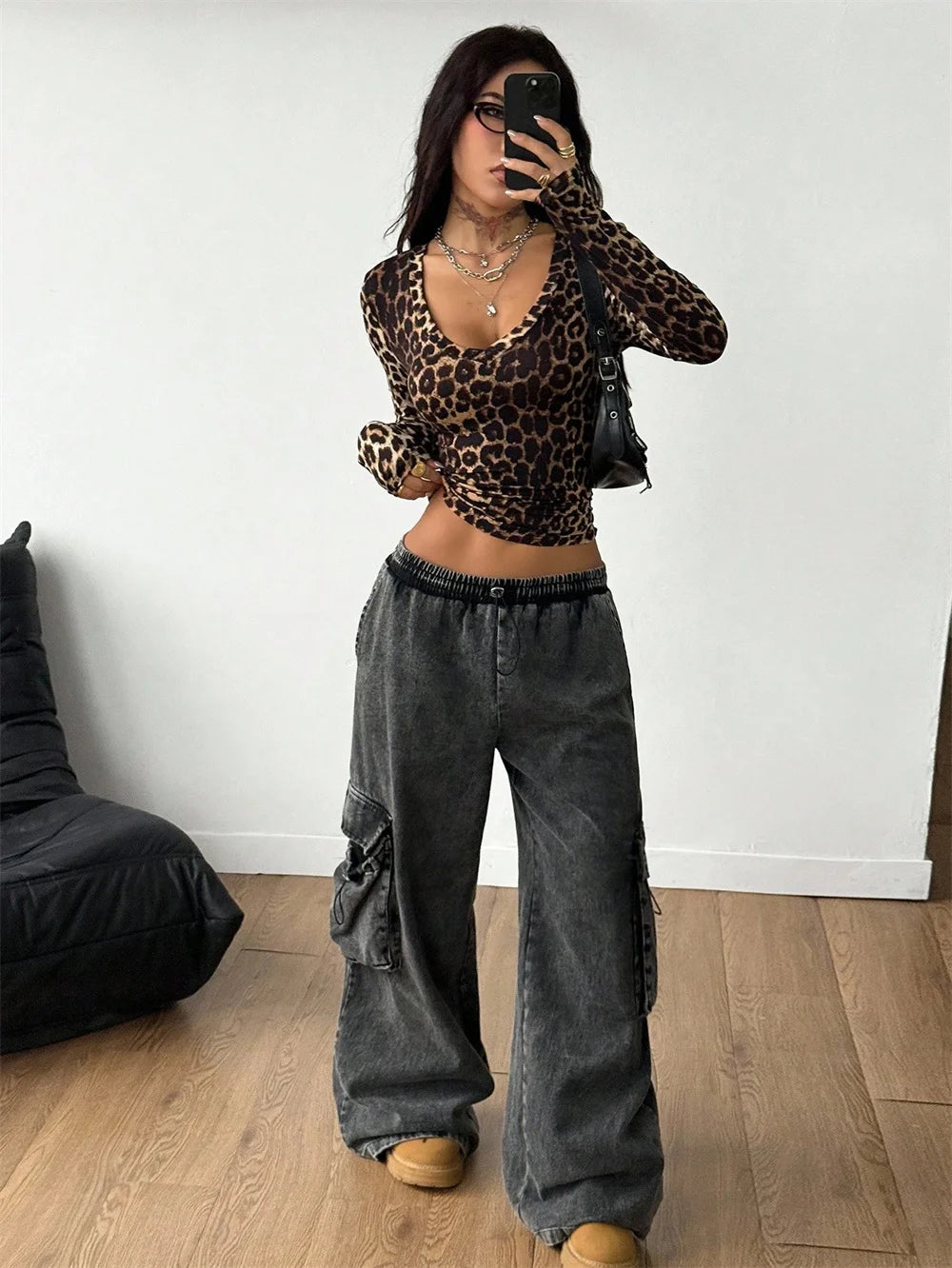 Sexy Y2K Low Cut Streetwear Stretchy Leopard Print Long Sleeve Crop Top