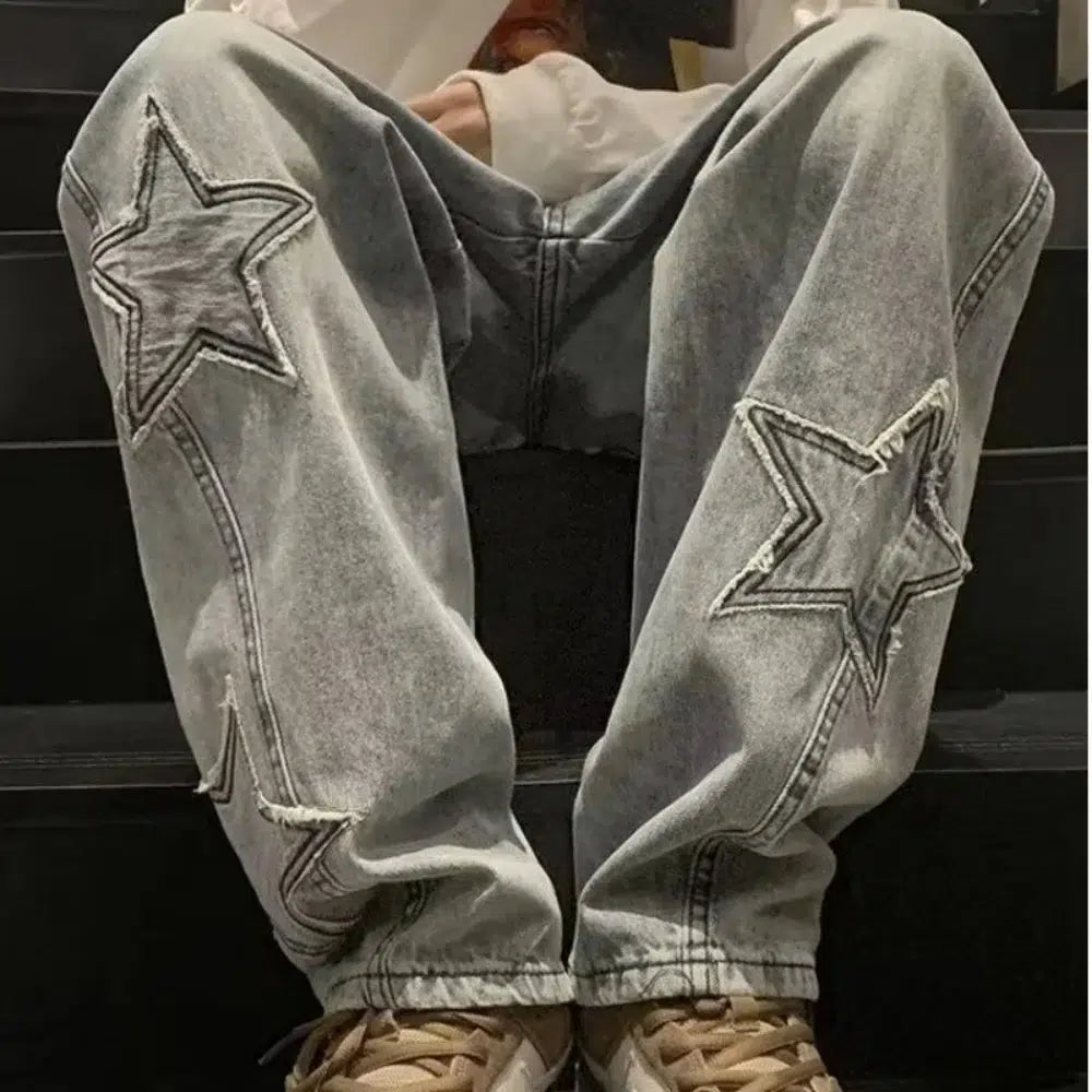 Star Embroidered Y2K Baggy Straight Leg Washed Jeans