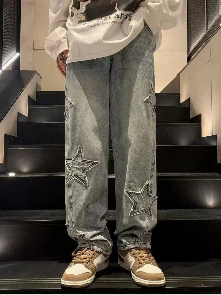 Star Embroidered Y2K Baggy Straight Leg Washed Jeans