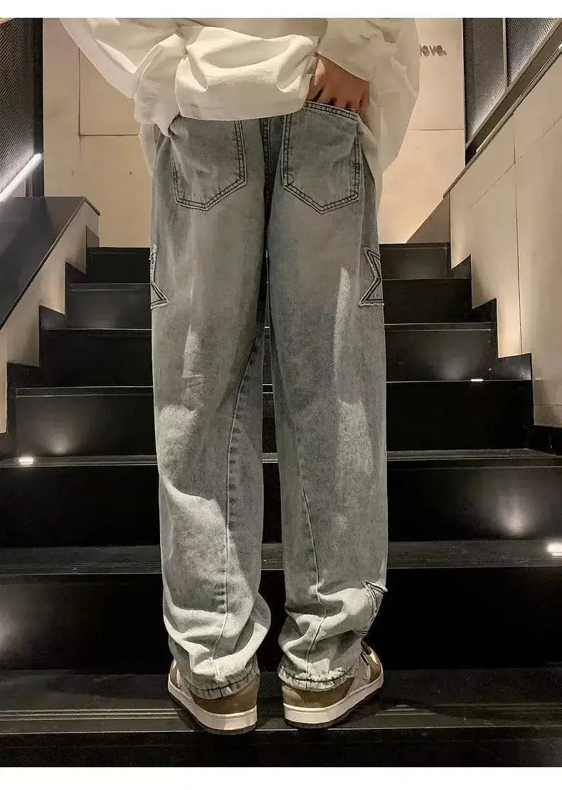 Star Embroidered Y2K Baggy Straight Leg Washed Jeans