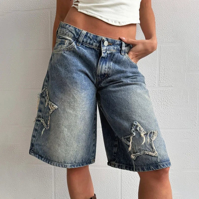 Star Embroidered Y2K Low Rise Washed Jorts