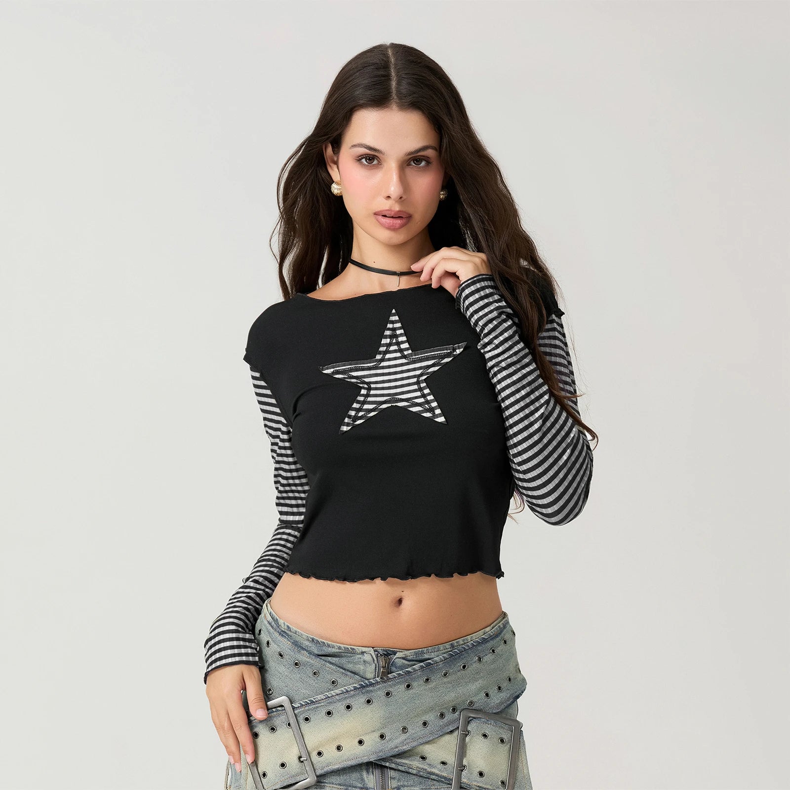 Striped Y2K Star Graphic Cropped Long Sleeve Top