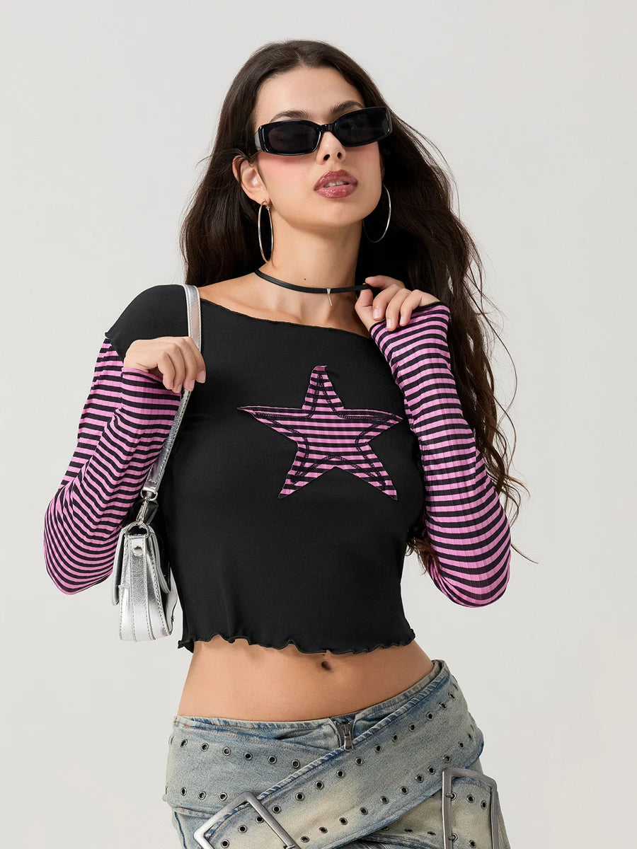 Striped Y2K Star Graphic Cropped Long Sleeve Top