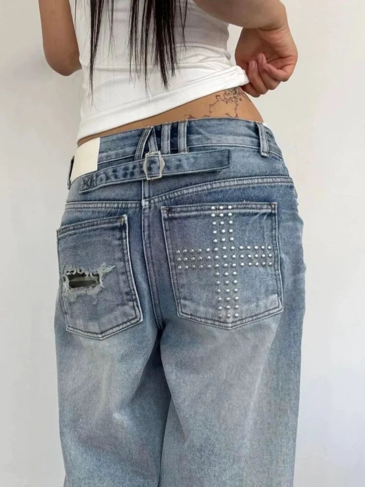 Summer Y2K Washed Distressed Baggy Rhinestone Jeans