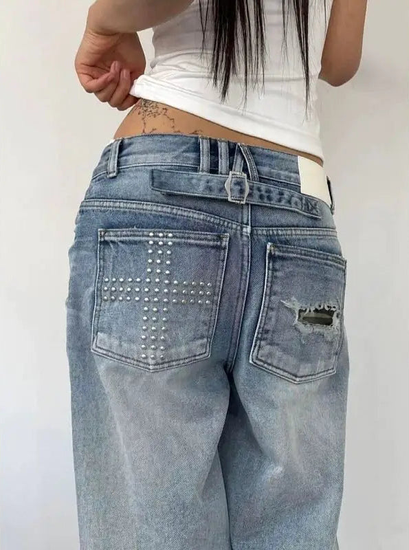 Summer Y2K Washed Distressed Baggy Rhinestone Jeans