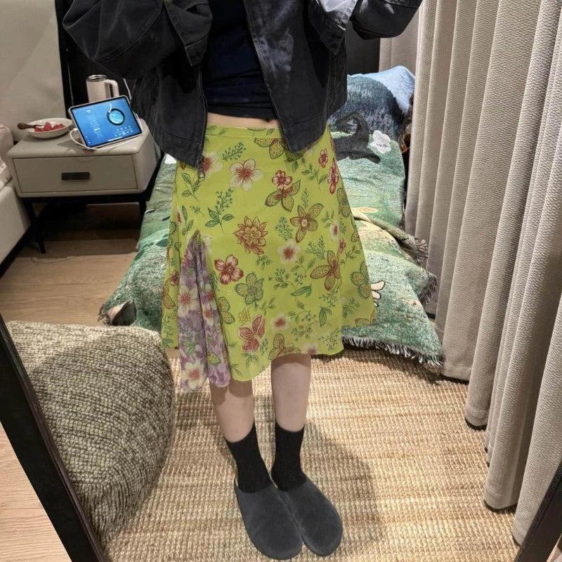 Sweet Green Y2K Vintage High Waist Floral Midi Skirt