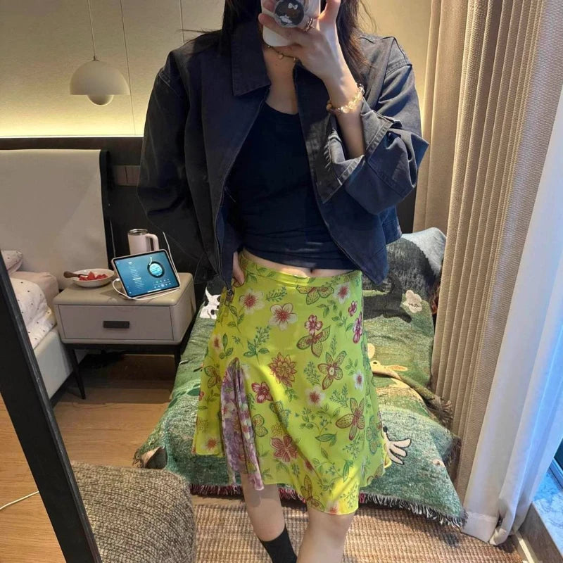 Sweet Green Y2K Vintage High Waist Floral Midi Skirt