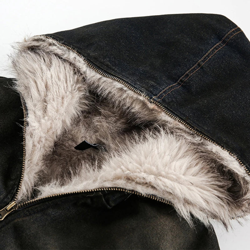 Vintage Denim Y2K Faux Fur Parka Padded Jacket Coat