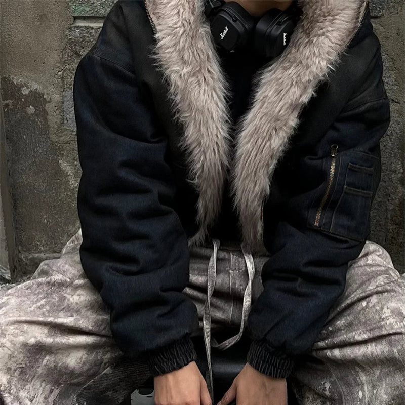 Vintage Denim Y2K Faux Fur Parka Padded Jacket Coat