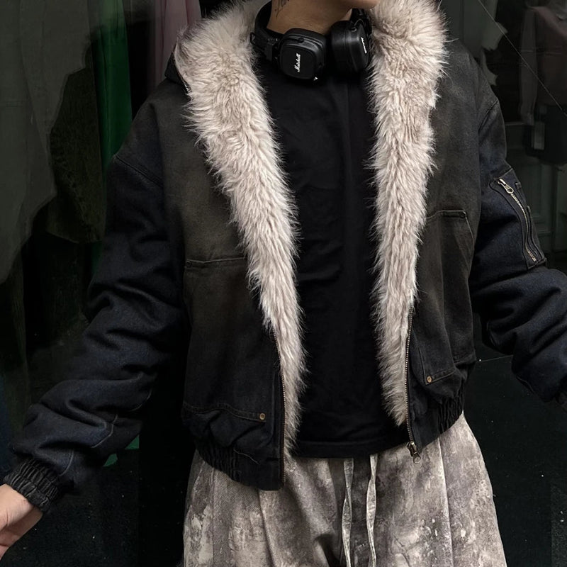 Vintage Denim Y2K Faux Fur Parka Padded Jacket Coat