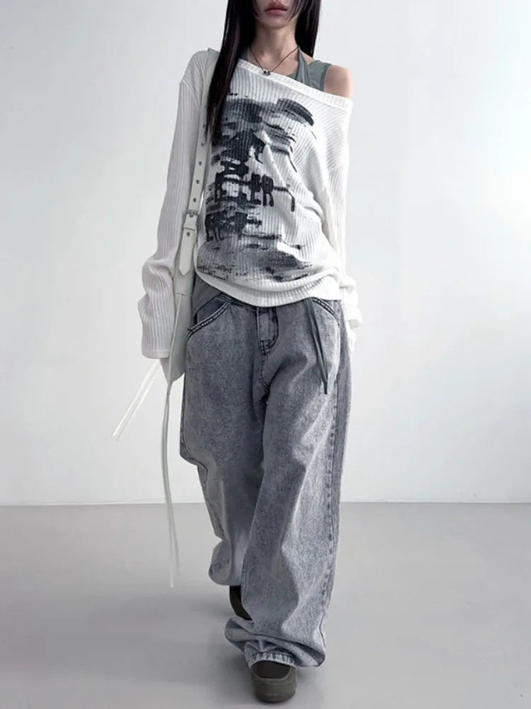 Vintage Print Graphic Y2K Long Sleeve Top