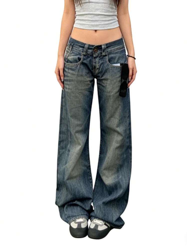 Vintage Womens Y2K Wide Leg Washed Low Waist Denim Jeans