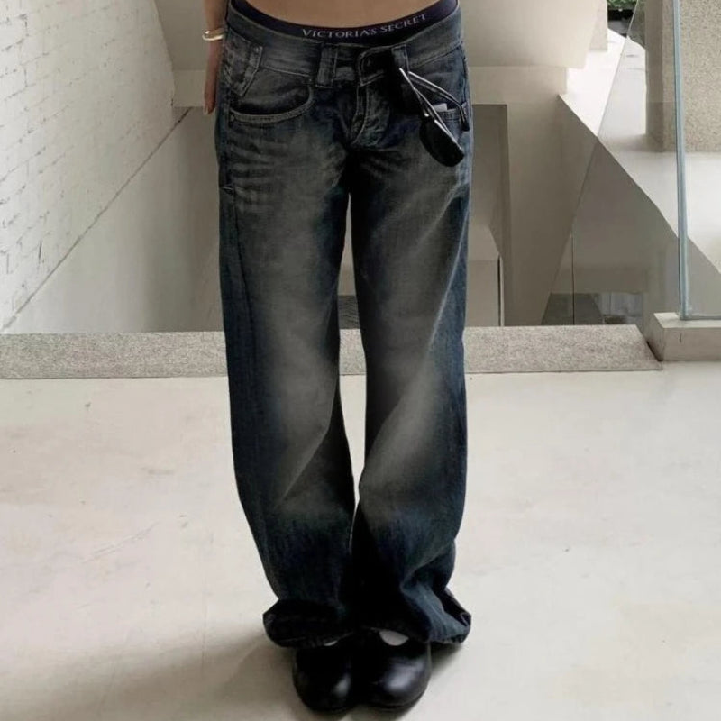Vintage Womens Y2K Wide Leg Washed Low Waist Denim Jeans