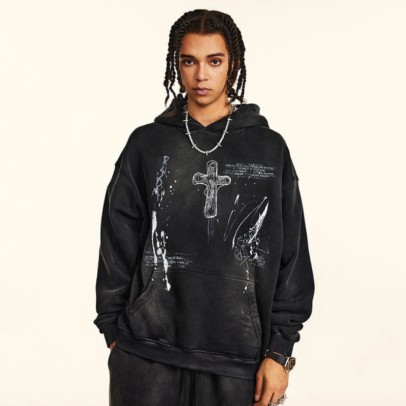 トップス Black Peace Now Cross Hoodie y2k Vintage Y2K Cross Graphic Distressed Baggy Hoodie