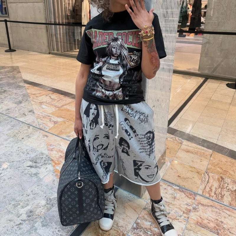 Vintage Y2K Grey Collage Graphic Wide Leg Jorts