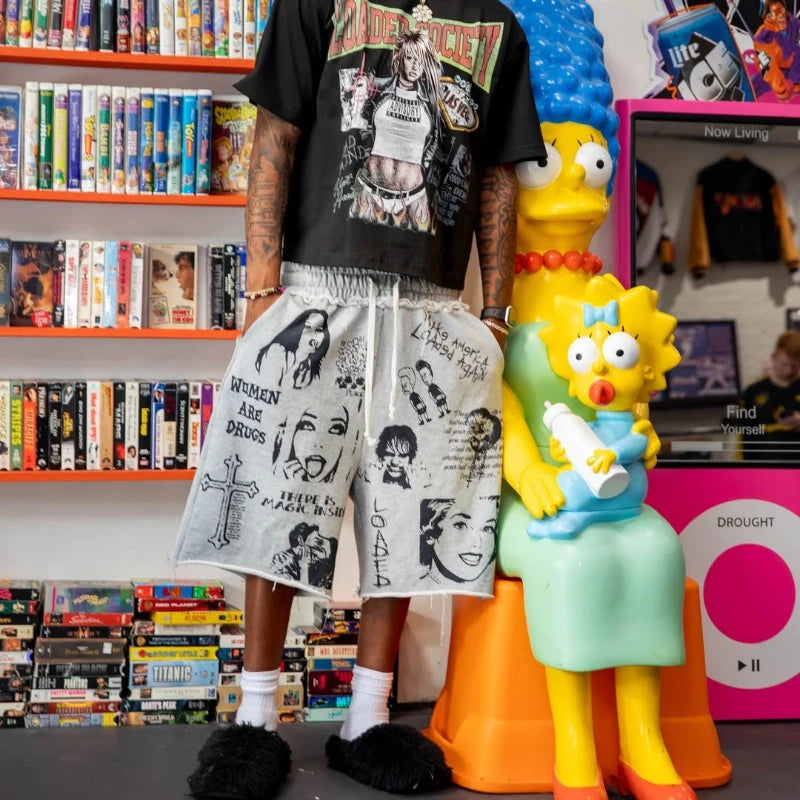 Vintage Y2K Grey Collage Graphic Wide Leg Jorts