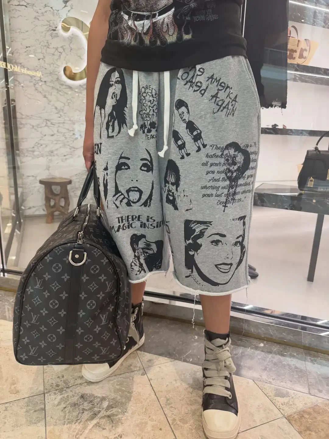 Vintage Y2K Grey Collage Graphic Wide Leg Jorts
