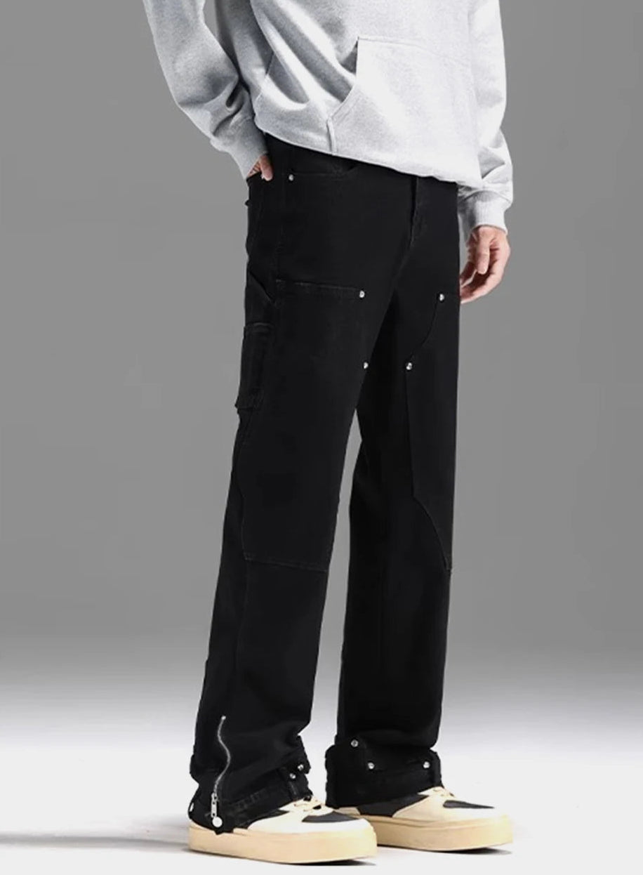Washed Y2K Double Knee Denim Flared Carpenter Jeans