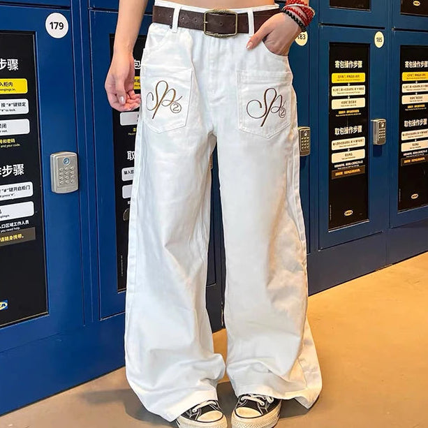 White Y2K Embroidered Baggy Jeans