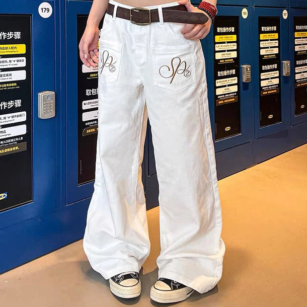 White Y2K Embroidered Baggy Jeans