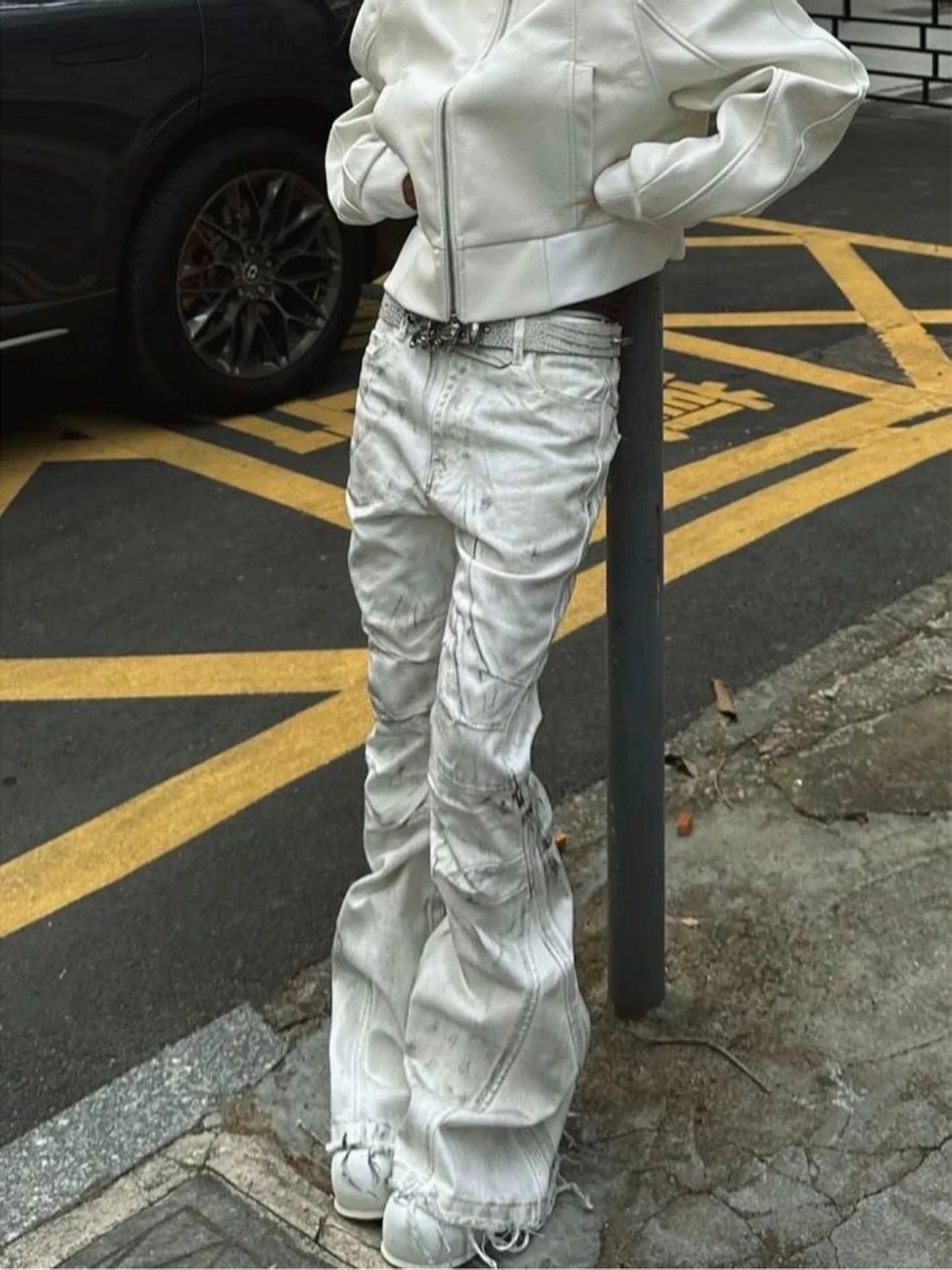 White Y2K Street Style Tie Dye Flared Jeans