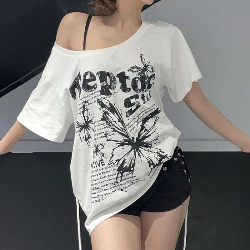 White Y2K Vintage Oversize Butterly Graphic Off Shoulder Top