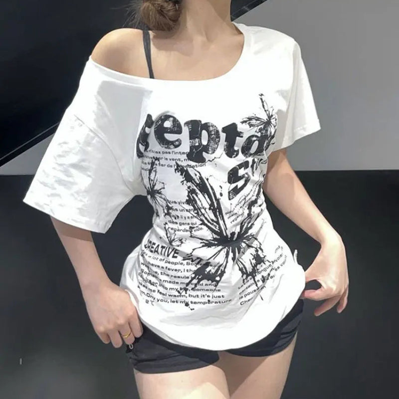 White Y2K Vintage Oversize Butterly Graphic Off Shoulder Top