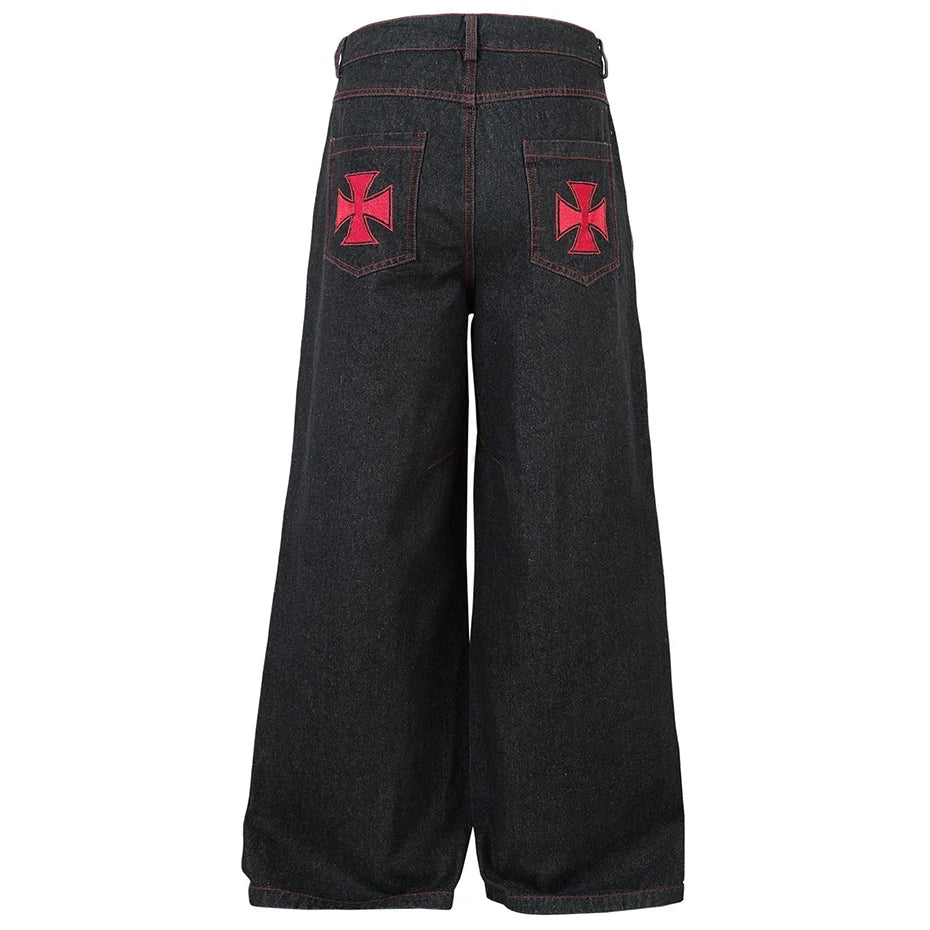 Wide Leg Black Embroidered Jeans