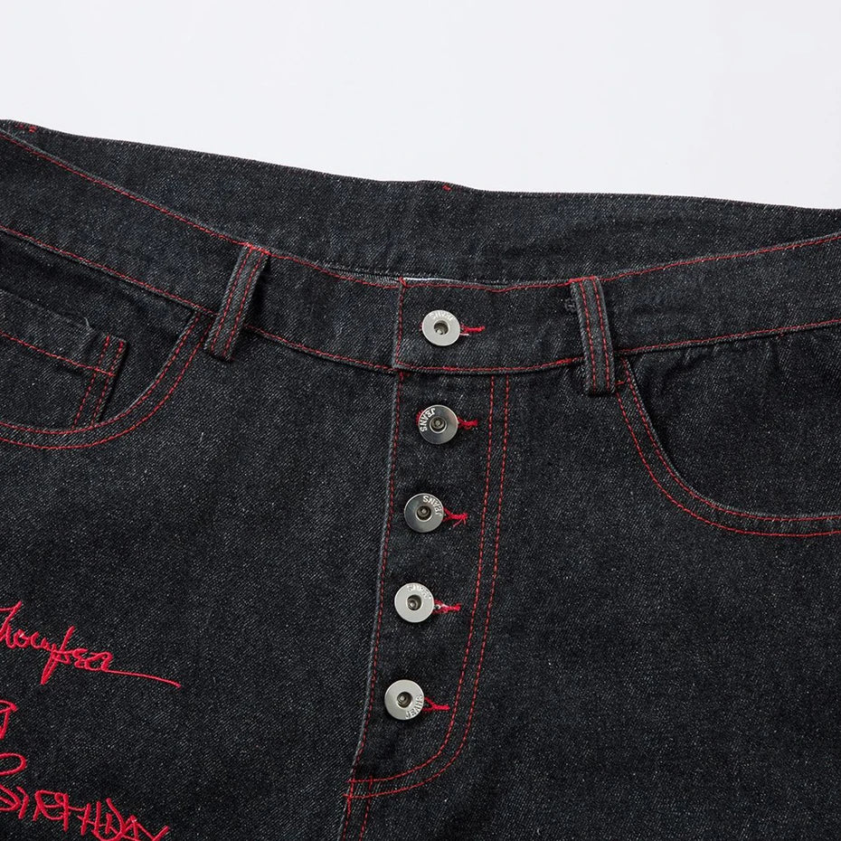Wide Leg Black Embroidered Jeans