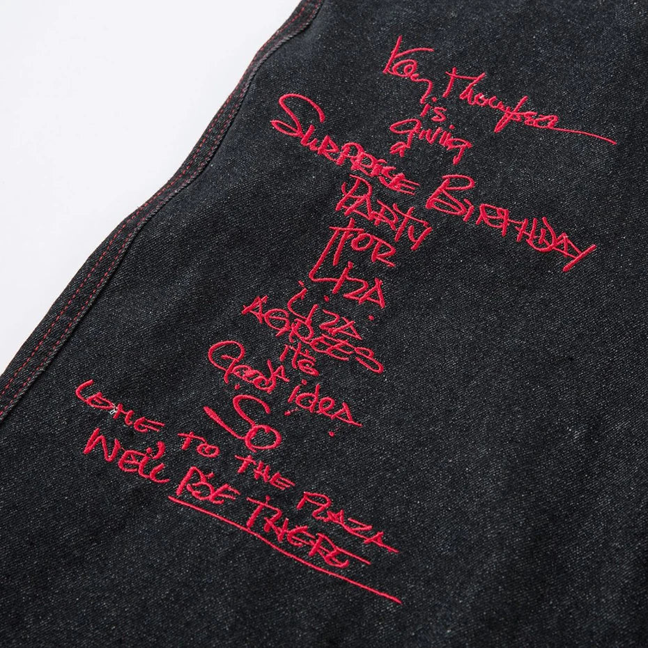 Wide Leg Black Embroidered Jeans