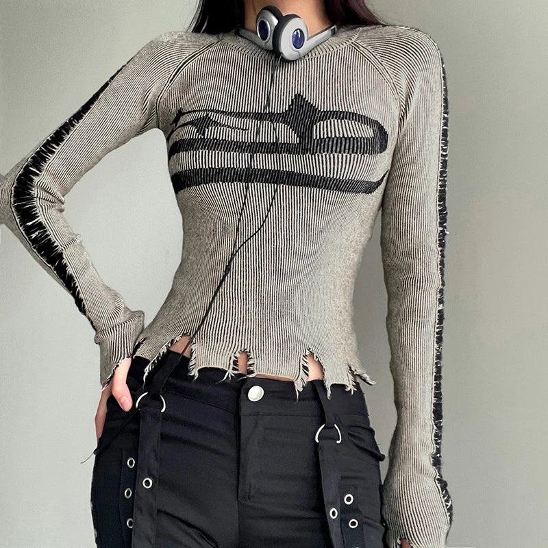 Womens Long Sleeve Ripped Stitched Y2K Top