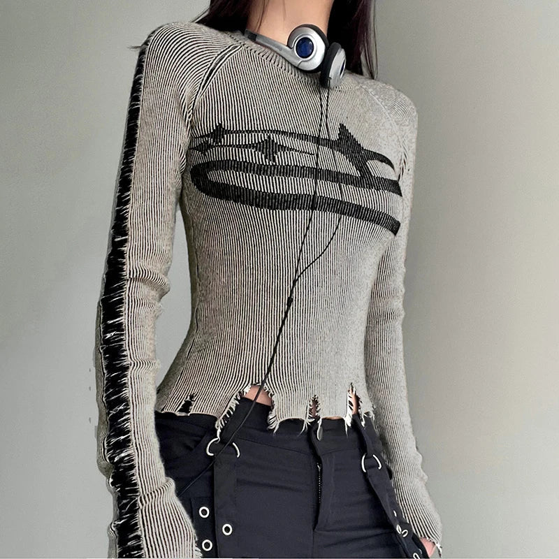 Womens Long Sleeve Ripped Stitched Y2K Top