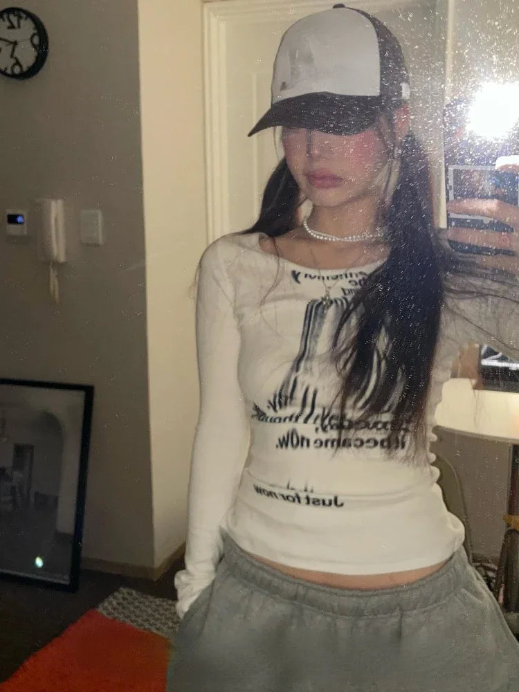 Womens Long Sleeve Y2K Graphic Top