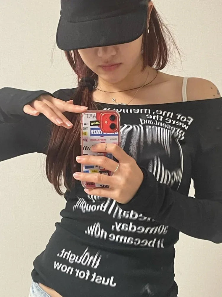 Womens Long Sleeve Y2K Graphic Top