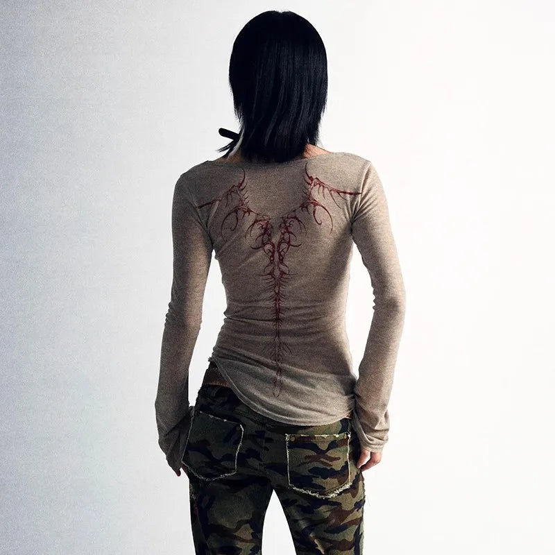 Womens Spinal Print Y2K Bell Long Sleeve Top