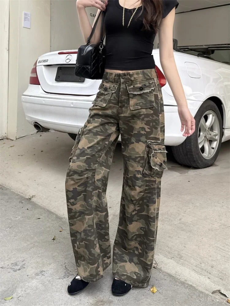 Womens Streetwear Y2K Camouflage Baggy Cargo Jeans