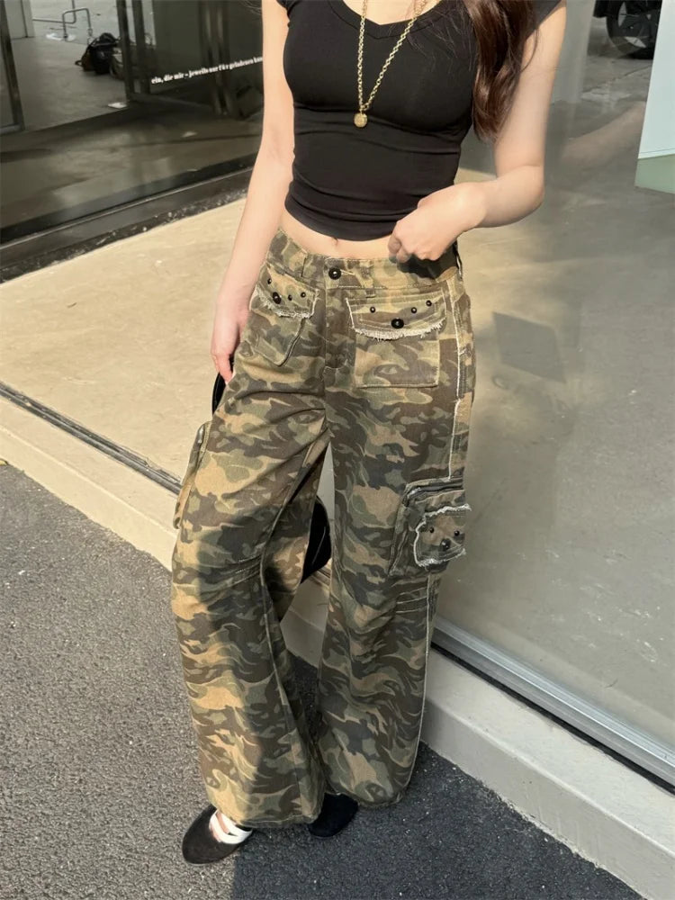 Womens Streetwear Y2K Camouflage Baggy Cargo Jeans