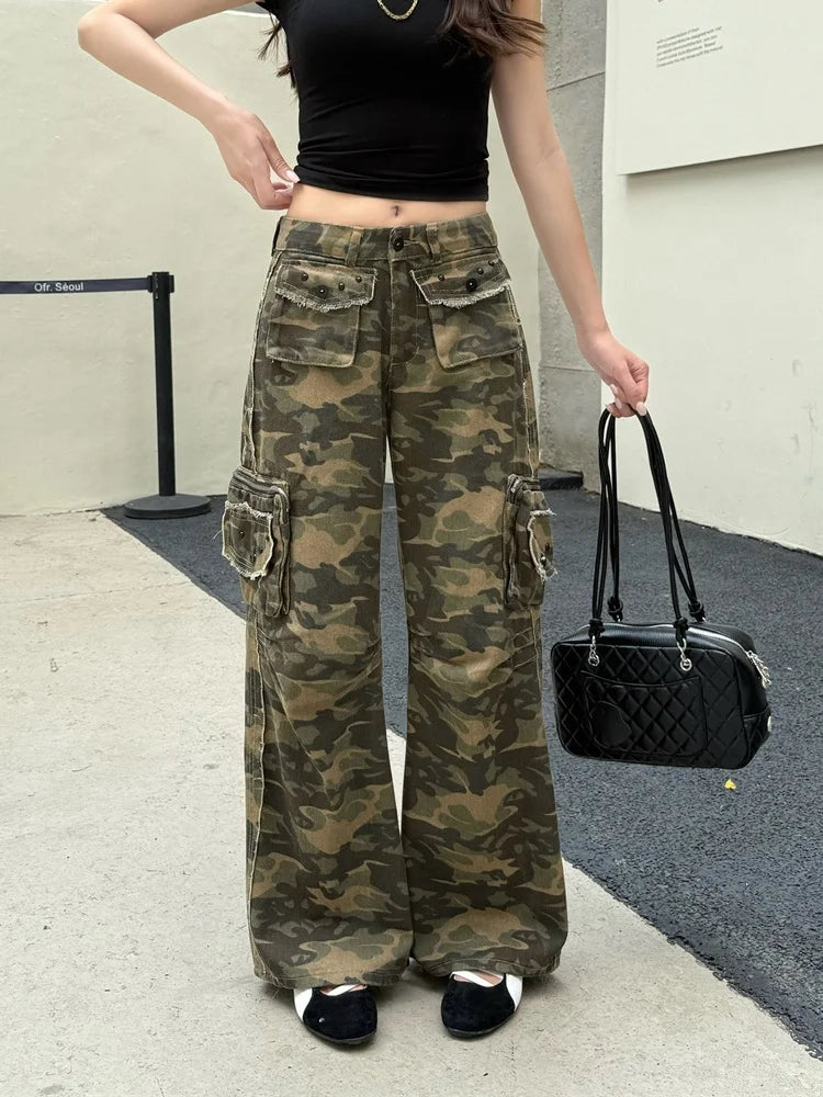 Womens Streetwear Y2K Camouflage Baggy Cargo Jeans