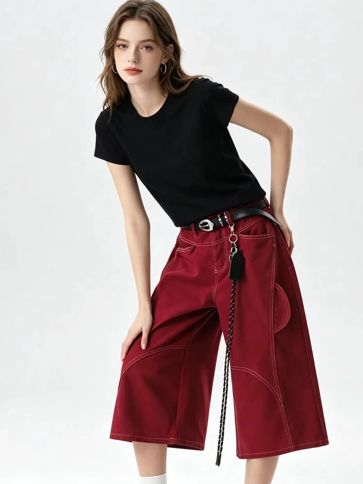 Women's Wide Red Y2K Baggy Wide Leg Denim Shorts Jorts