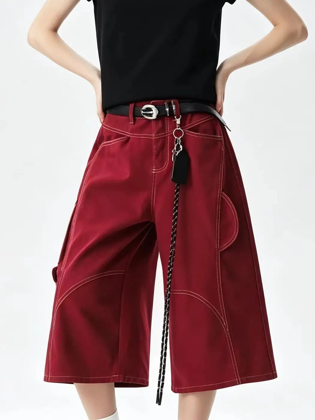 Women's Wide Red Y2K Baggy Wide Leg Denim Shorts Jorts