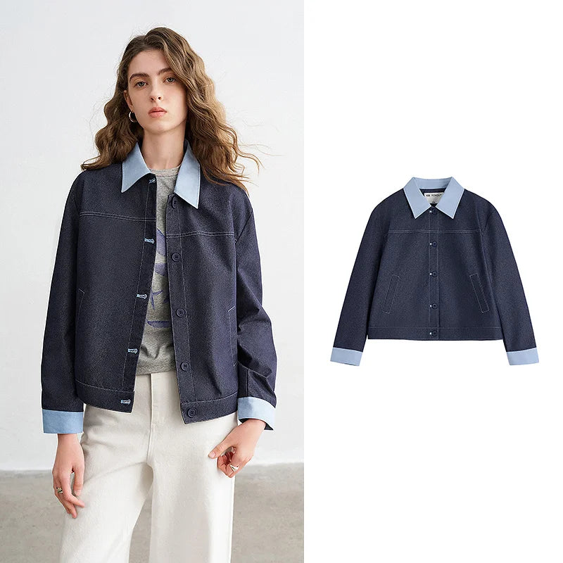 Womens Y2K Contrast Lapel Faux Denim Jacket