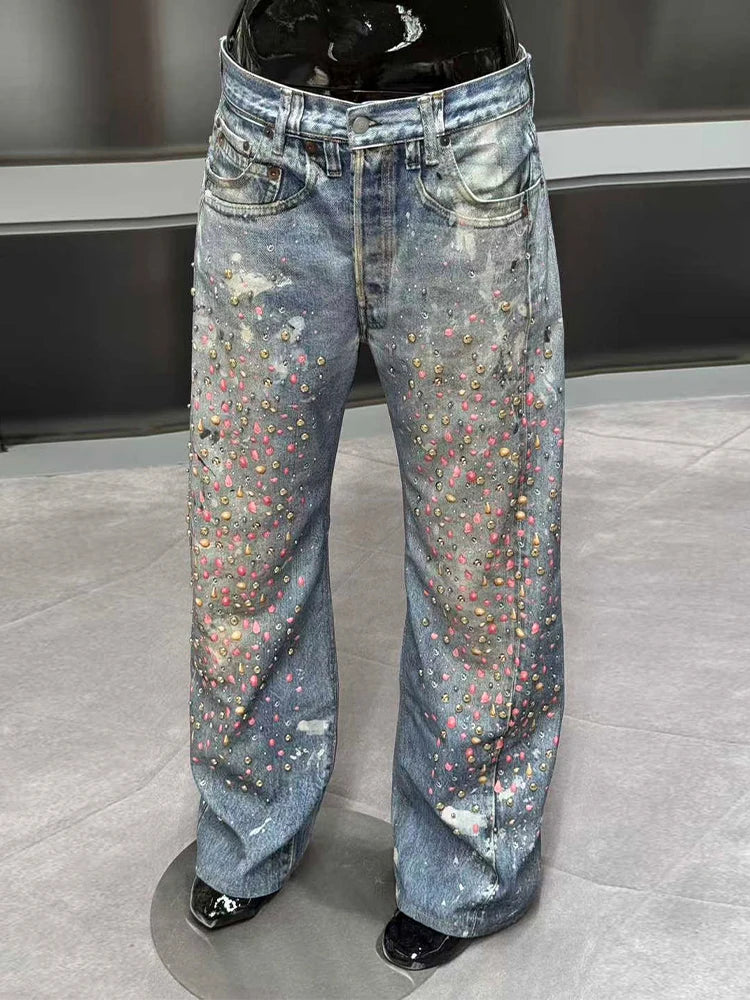 Womens Y2K High Waist Rhinestone Baggy Jeans