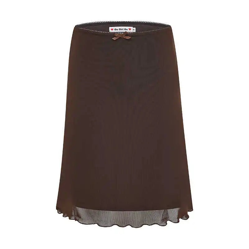 Womens Y2K Lace Mesh Coffee Brown Mini Skirt