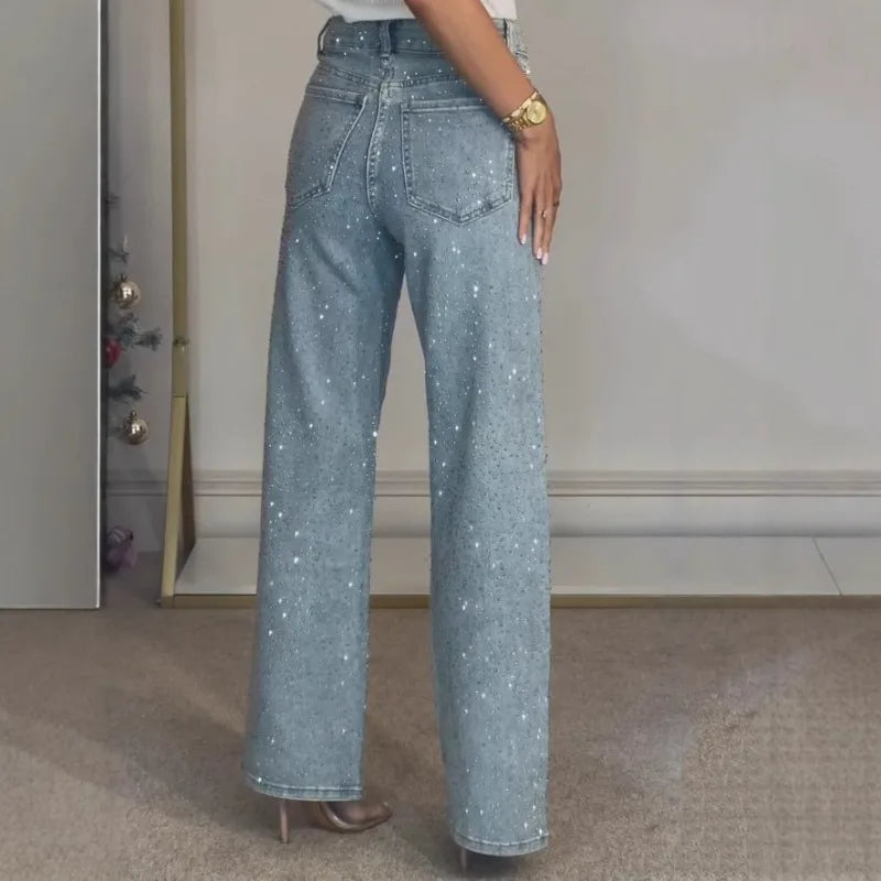 Womens Y2K Rhinestone Straight Jeans