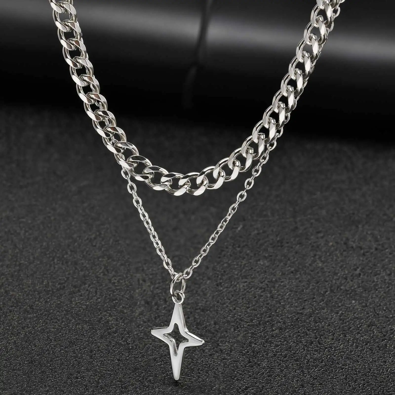 Y2K 2 Piece Layered Star And Cuban Necklace Chain