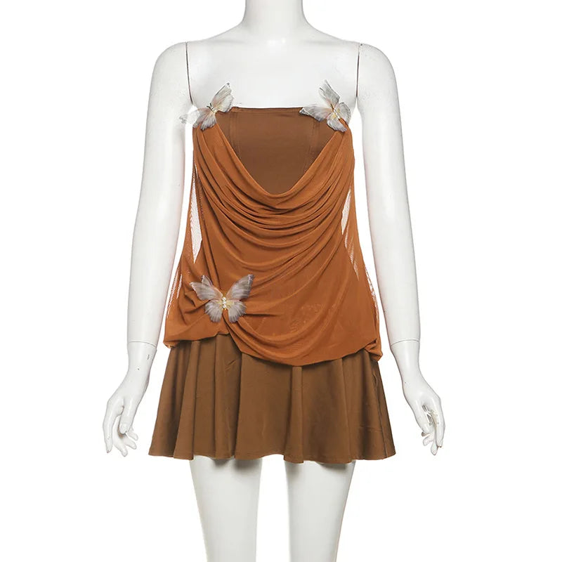 Y2K A Line Butterfly Aesthetic Brown Mini Dress